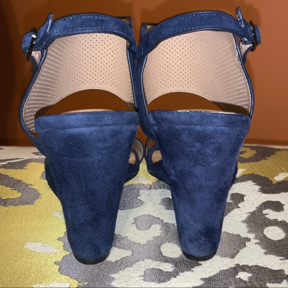 H by Halston Blue Suede Perforated Strappy Wedge Sandal 8M - Picture 4 of 6